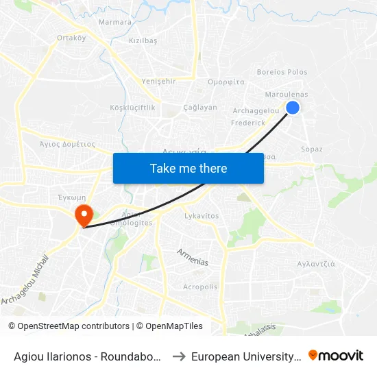 Ag. Ilarionos - Roundabout Sopaz to European University Cyprus map