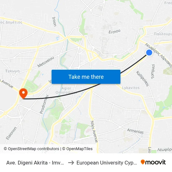 Ave. Digeni Akrita - Imvrou to European University Cyprus map