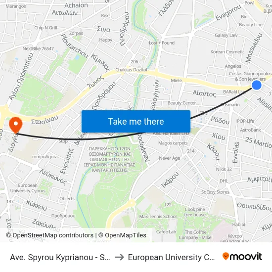 Spyros Kyprianou Avenue - Skopa to European University Cyprus map