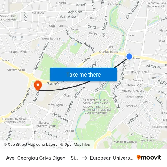 George Grivas Digenis Avenue - Simou Menardou to European University Cyprus map