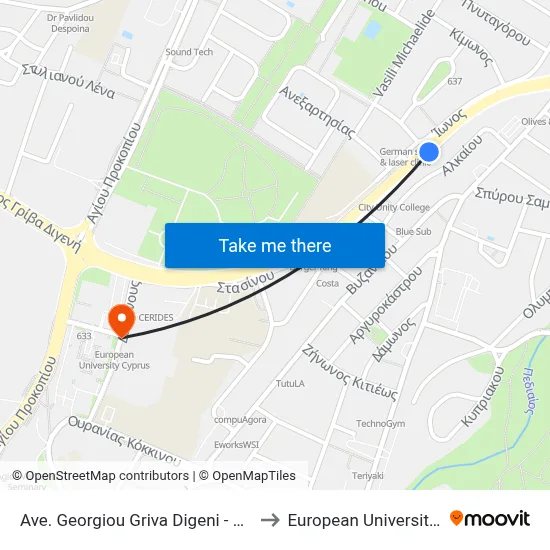 Georgios Grivas Digenis Avenue - Europa Hotel to European University Cyprus map