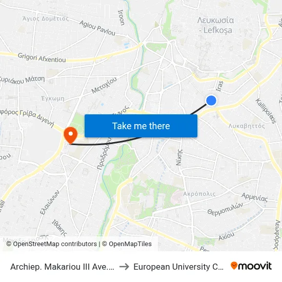 Archbishop Makarios III Avenue - Iras to European University Cyprus map