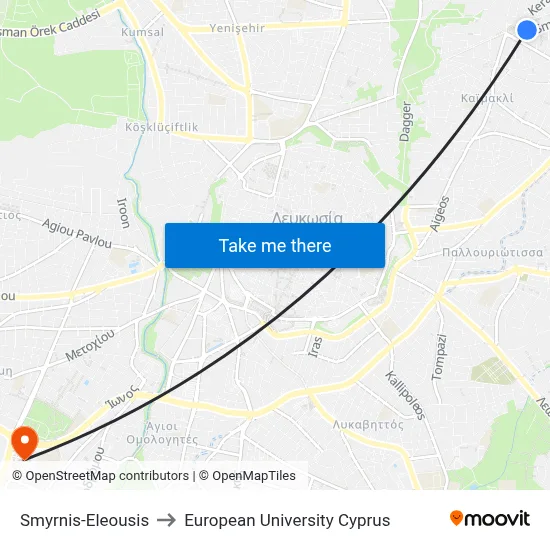 Smyrnis-Eleousis to European University Cyprus map