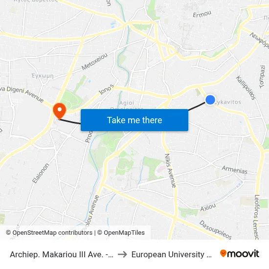 Archbishop Makarios III Avenue - Naxou to European University Cyprus map