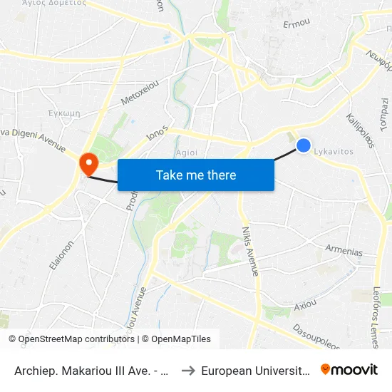 Archiep. Makariou III Ave. - Dimofontos to European University Cyprus map