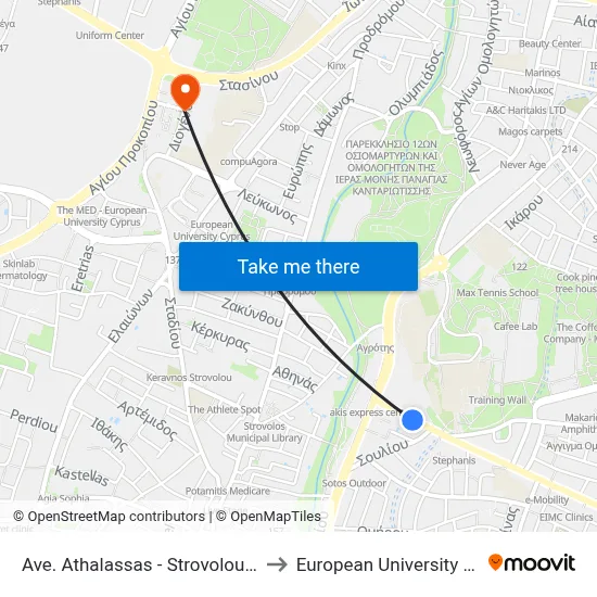 Athalassa Ave. - Strovolou Avenue to European University Cyprus map