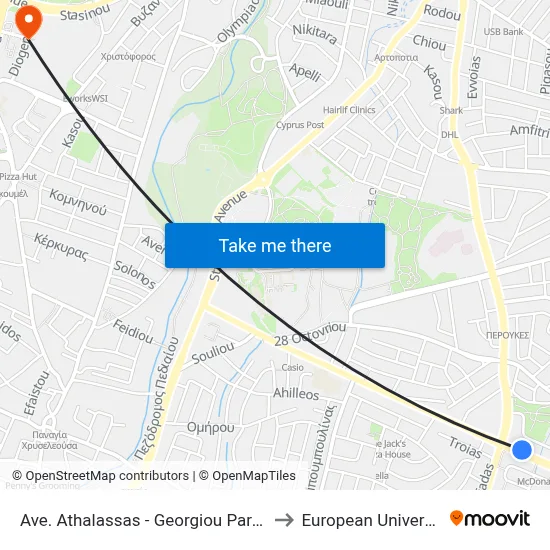 Athalassas Ave - Georgiou Paraskevaidi Avenue to European University Cyprus map