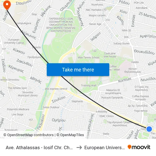 Athalassa Ave - Iosif Chr. Chatziiosif Avenue to European University Cyprus map