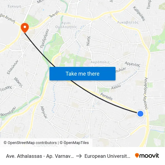 Ave. Athalassas - Ap. Varnavas Church to European University Cyprus map