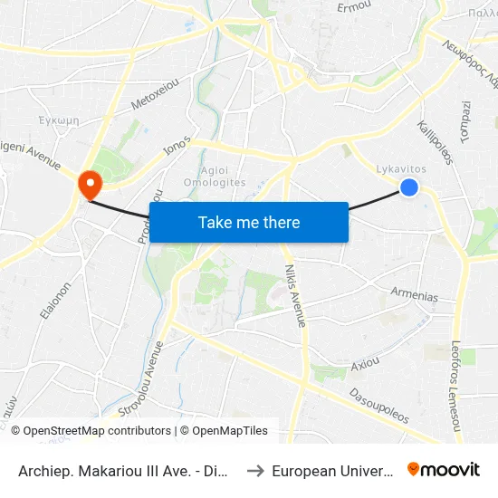 Archbishop Makarios III Ave. - Dimitrios Papanikolis to European University Cyprus map