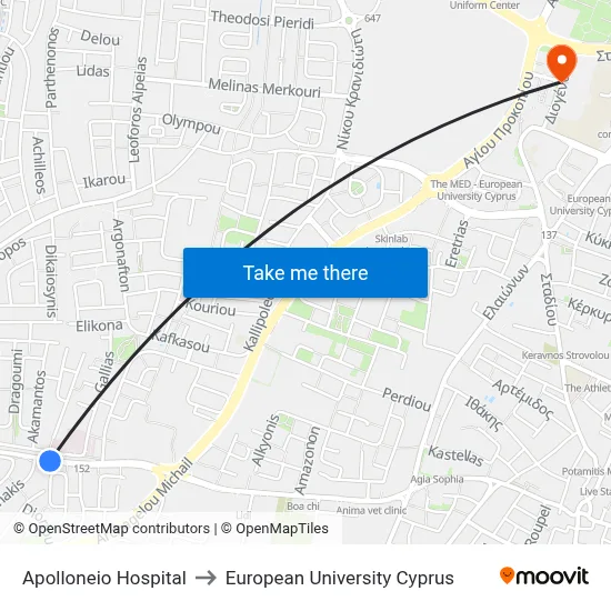 Apolloneio Hospital to European University Cyprus map