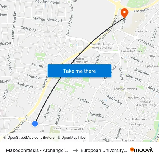 Makedonitissa - Archangel Michael to European University Cyprus map