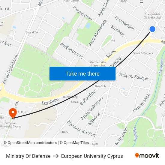 Ministry of Defense to European University Cyprus map