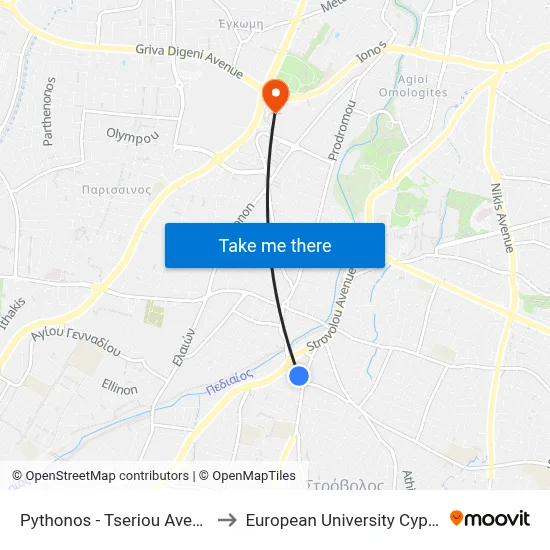 Python - Tseri Avenue to European University Cyprus map