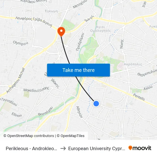 Perikleous - Androkleous to European University Cyprus map