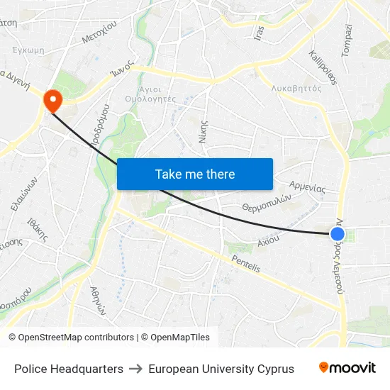 Police Headquarters to European University Cyprus map