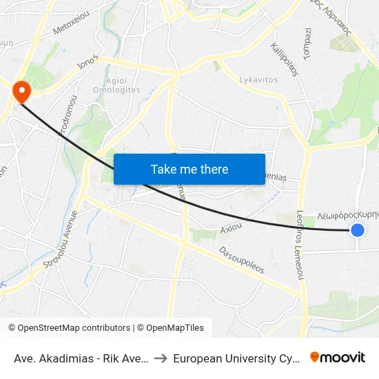 Ave. Akadimias - Rik Avenue to European University Cyprus map