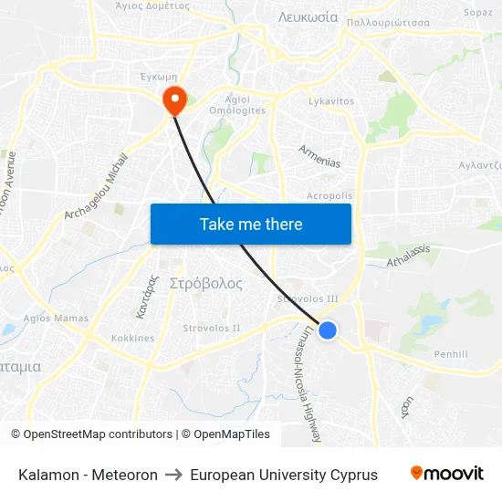 Kalamon - Meteoron to European University Cyprus map