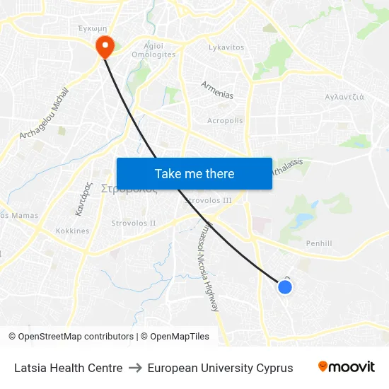 Latsia Health Centre to European University Cyprus map