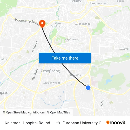 Kalamon - Hospital Roundabout to European University Cyprus map
