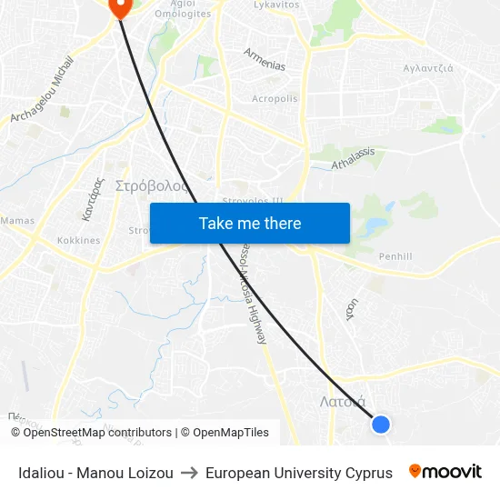 Idalion - Manos Loizou to European University Cyprus map
