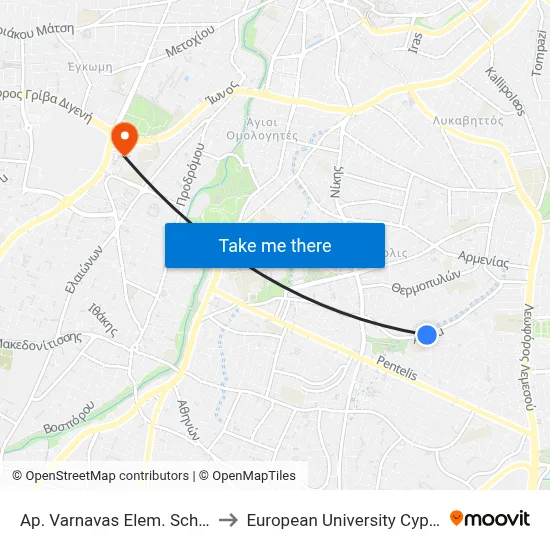 Ap. Varnavas Elem. School to European University Cyprus map