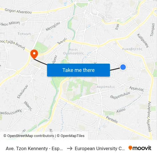 Ave. Tzon Kennenty - Esperidon to European University Cyprus map