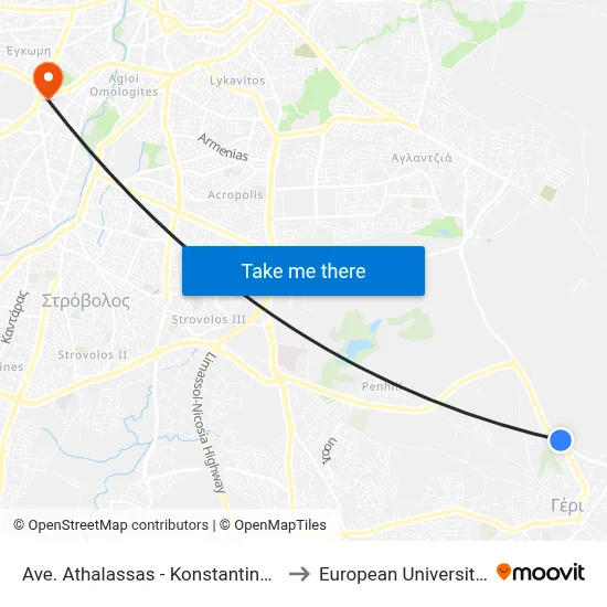 Athalassas Avenue - Konstantinou Giallourou to European University Cyprus map