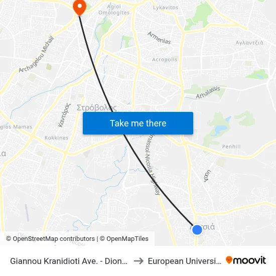 Giannou Kranidioti Ave. - Dionysiou Solomou to European University Cyprus map