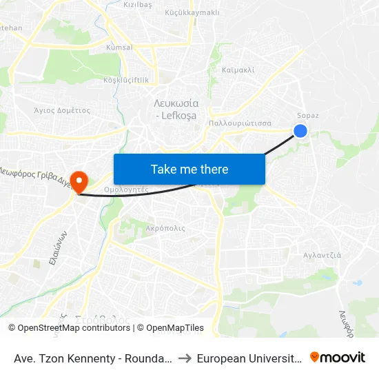 Ave. Tzon Kennenty - Roundabout Sopaz to European University Cyprus map