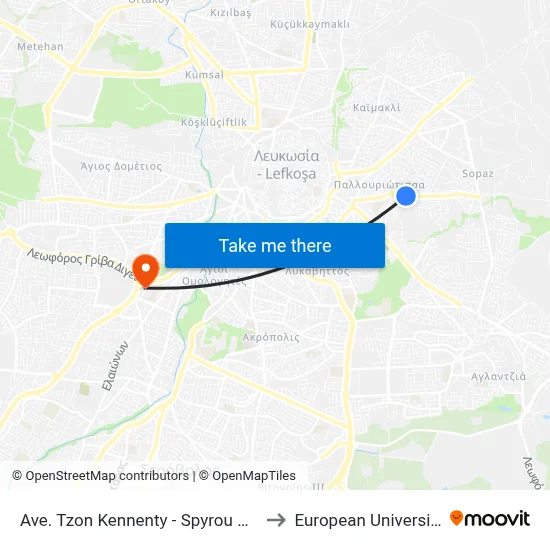 John Kennedy Avenue - Spyrou Chatzigiakoumi to European University Cyprus map
