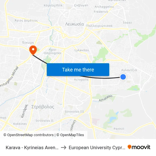Karava - Kyrineias Avenue to European University Cyprus map