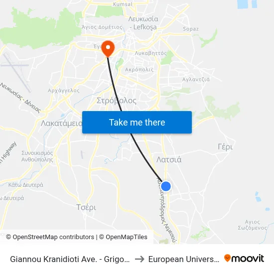 Giannos Kranidiotis Ave - Grigorios Papaflessas to European University Cyprus map