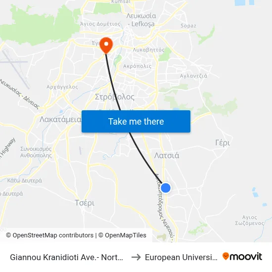 Giannou Kranidioti Avenue - North Roundabout to European University Cyprus map