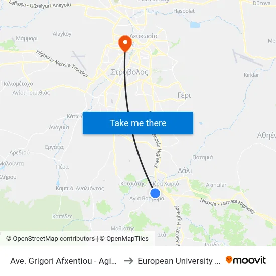 Grigori Afxentiou Avenue - Agiou Savva to European University Cyprus map