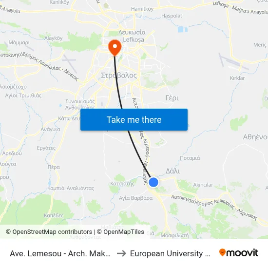Ave. Lemesou - Arch. Makariou C to European University Cyprus map
