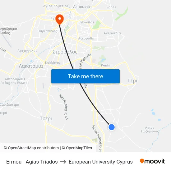 Ermou - Holy Trinity to European University Cyprus map