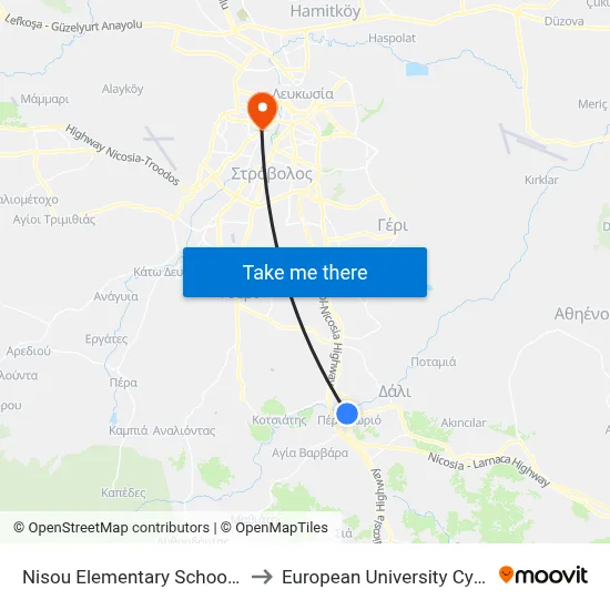 Nisou Elementary School A 2 to European University Cyprus map