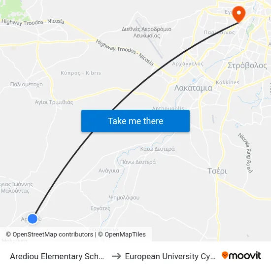 Arediou Elementary School 1 to European University Cyprus map