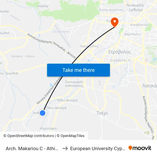 Arch. Makariou C - Athinas to European University Cyprus map