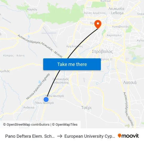 Pano Deftera Elem. School to European University Cyprus map