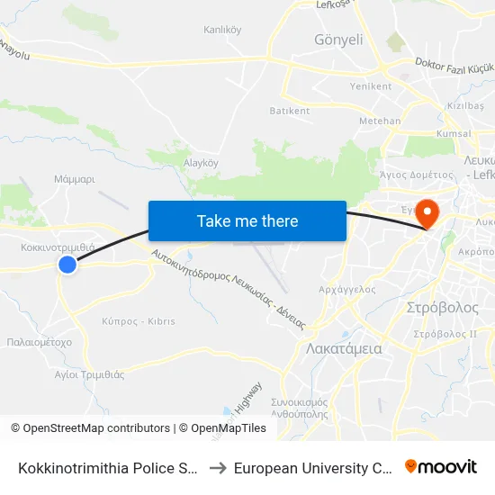 Kokkinotrimithia Police Station to European University Cyprus map