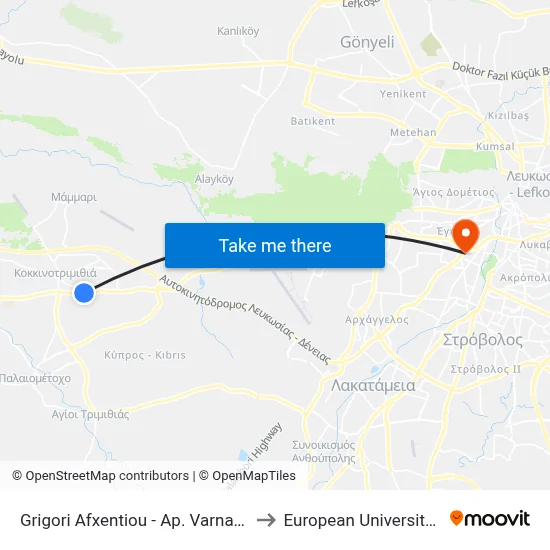 Grigori Afxentiou - Ap. Varnavas Church to European University Cyprus map
