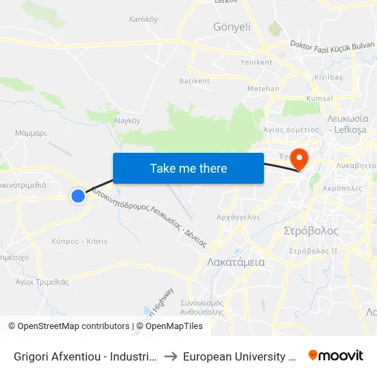 Grigori Afxentiou - Industrial Area to European University Cyprus map