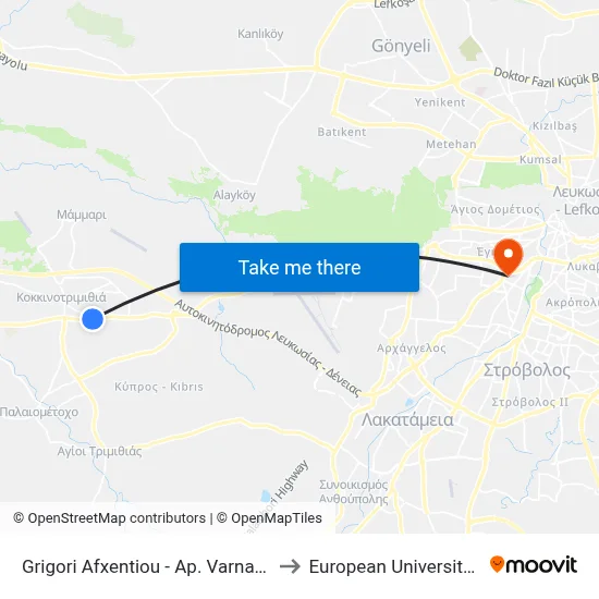 Grigori Afxentiou - Ap. Varnavas Church to European University Cyprus map