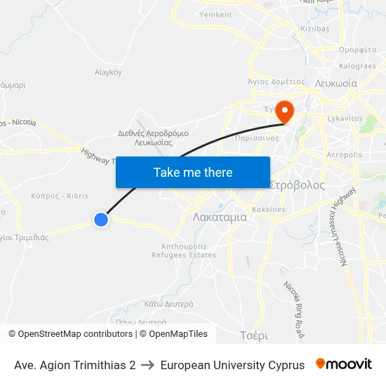 Agion Trimithias Avenue 2 to European University Cyprus map