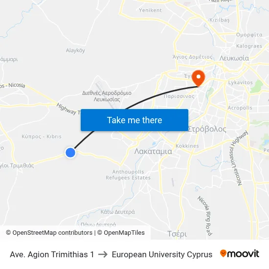 Ave. Agion Trimithias 1 to European University Cyprus map