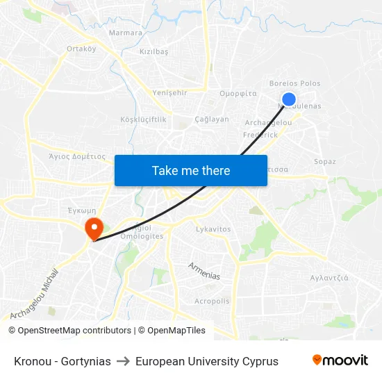 Kronou - Gortynias to European University Cyprus map