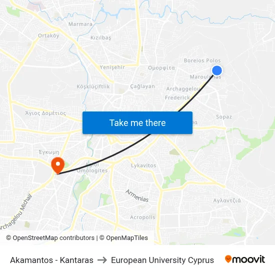 Akamantos - Kantaras to European University Cyprus map