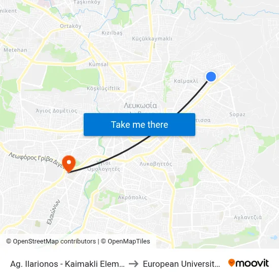 Ag. Ilarionos - Kaimakli Elem. School C to European University Cyprus map